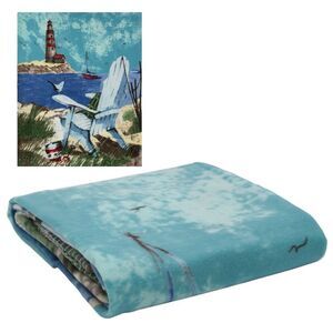 Nautical Coastal Lighthouse Throw Blanket in Blue and White, 48 x 102 in